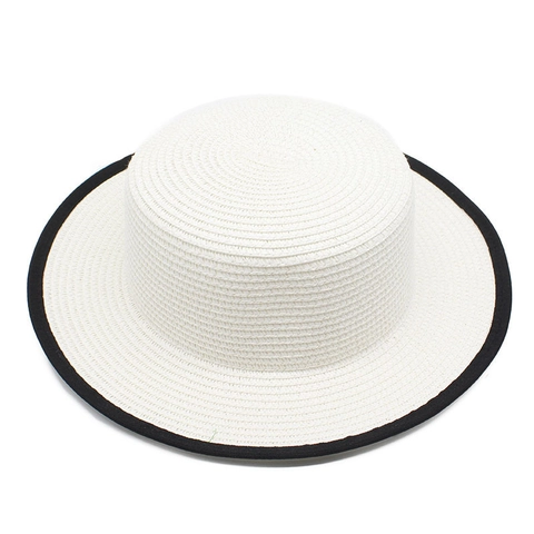 Boater Hat Woven Straw Wide Brim Flat Top Sun Protection Summer Beach Travel French Retro Contrast Edge Breathable Unisex