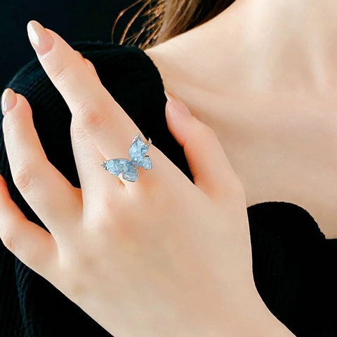 Butterfly Zircon Crystal Open Ring Copper Material Blue Wings Elegant Fashion Jewelry Accessory For Women