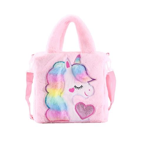 Kids Plush Unicorn Crossbody Bag Cute Cartoon Embroidery Sequin Handbag Rainbow Colorful Shoulder Purse For Girls