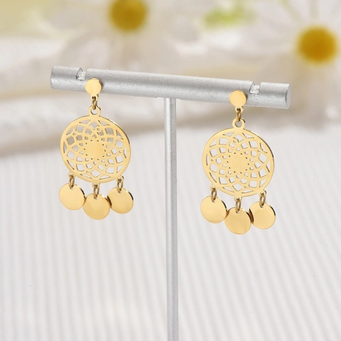 Traumfänger Quasten Ohrhänger Edelstahl Ohrstecker Hohl Rund Geometrisch Vergoldet Boho Stil Schmuck Für Damen