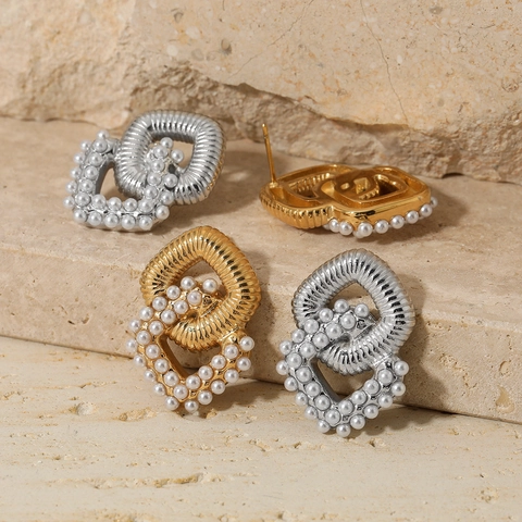 Orecchini Doppi Quadrati Con Künstliche Perle In Acciaio Inossidabile Design Geometrico Intrecciato Testurizzato Stile Vintage
