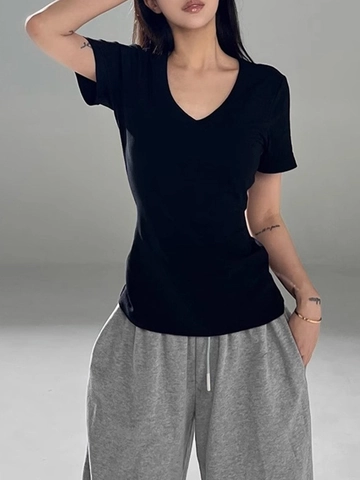 Camiseta Mujer Cuello En V Manga Corta Viscosa Elastano Ajustada Hombreras Color Sólido Casual Elegante Sexy Verano