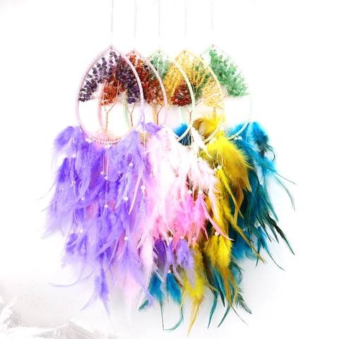 Tree Of Life Dream Catcher Handmade Crystal Stone Healing Teardrop Hanging Decoration Feathers Wall Ornament