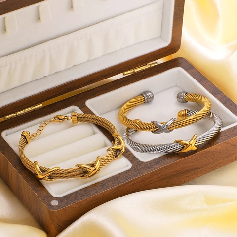 Twisted Cable Stainless Steel Bangle Bracelet With X Cross Motif 18K Gold Plated Open Cuff Two Tone Jewelry For Women Retro