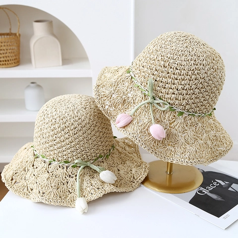 Cappello di Paglia di Carta a Tesa Larga Estivo Con Pendaglio a Tulipano Intreccio ad Ananas Protezione Solare da Spiaggia Donna