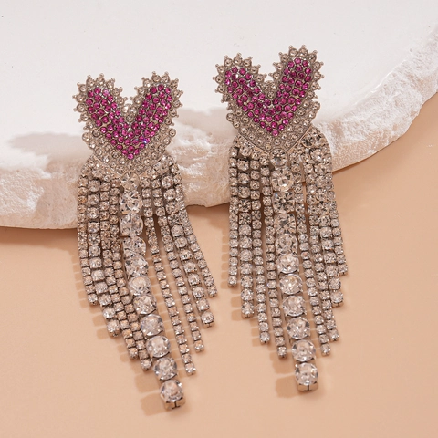 Pendientes De Borla De Corazón Aleación Rhinestone Joyas Para Mujeres Glamorosa Boda Fiesta Con Poste De Plata