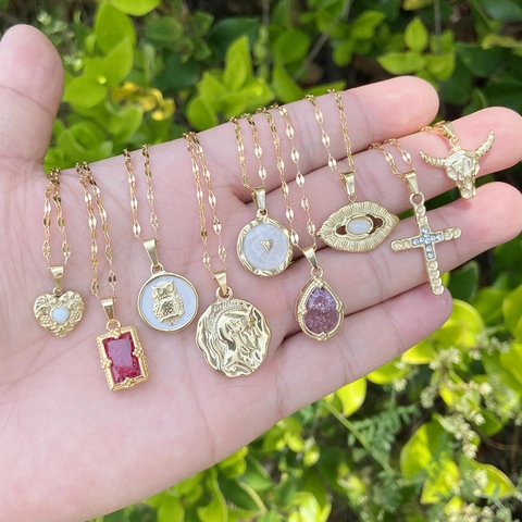 Anhänger Halsketten Für Damen Edelstahl Vergoldet Vintage Herz Eule Kreuz Stierkopf Münze Auge Charm Halsschmuck Schmuck