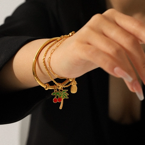 Bracciale Rigido Con Ciondoli In Acciaio Inossidabile Placcato Oro Con Pendenti In Smalto Frutta Tropicale Da Donna