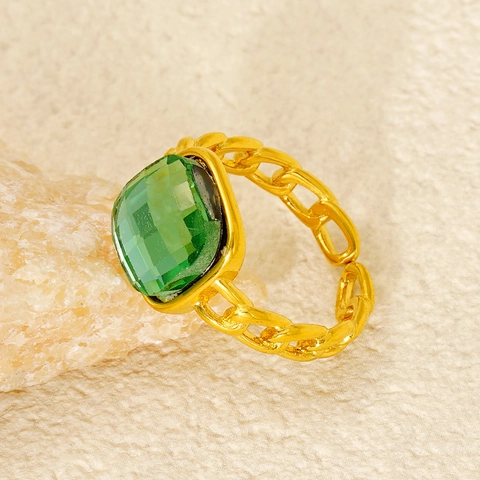 Vierkante Groene Zirkonia Ring Roestvrij Staal 18K Verguld Cubaanse Schakelketting Open Verstelbaar Elegante Sieraden Dames