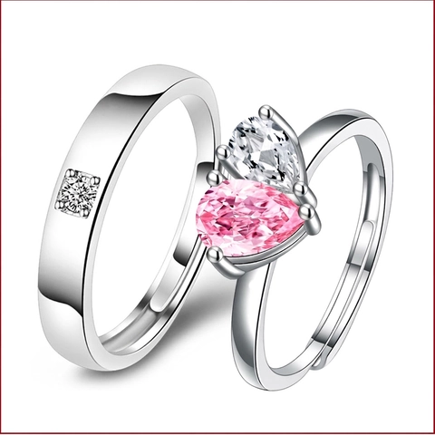 Copper Couple Rings Plated White Gold With Pink And White Zircon Heart Adjustable Open For Lovers