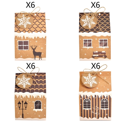 Weihnachtsgeschenkschachteln Kraftpapier Hausform Süßigkeiten Kekse Verpackung Feiertagstüten Mit Schneeflockenanhängern Und Hanfseil