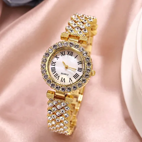Elegant Women Quartz Watch And Bracelet Luxury Fashion Rhinestones Waterproof Round Dial Wristwatch Accessory