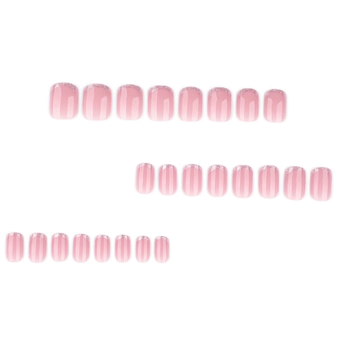 French Style Press On Nagels Kort Vierkant Nude Roze Ombre Kunstnagels Met Zilveren Glitter Tips Voor Dames