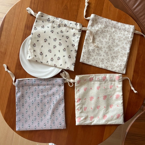 Floral Print Drawstring Pouch Small Cotton Canvas Storage Bag For Cosmetics Phone Stationery Pastoral Style Portable