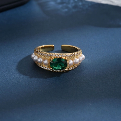 Vintage Copper Open Ring With Green Emerald Look Stone Artificial Pearl Rhinestone Inlaid Adjustable Finger Ring For Women