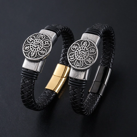 Bracciale Da Uomo In Pelle Intrecciata Con Chiusura Magnetica In Acciaio Inossidabile 304 Braccialetto Vintage Punk Mantra Religioso