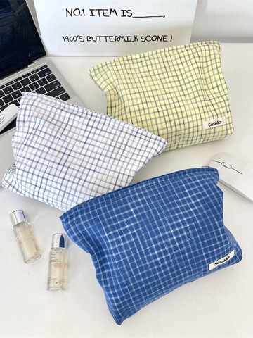 Checkered Pattern Cosmetic Bag Large Capacity Travel Makeup Organizer Portable Canvas Polyester Zipper Toiletry Storage