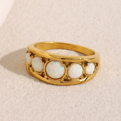 Opal Ring Vintage 18K Gold Plated Stainless Steel Row Jewelry For Women French Style Elegant Fashion Ring
