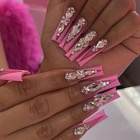 Long Coffin Press On Nails Pink French Style With Rhinestone Bow Decorative Glossy False Nails For Women