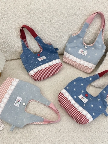 Zoete Koreaanse Stijl Dames Denim Patchwork Handtas Gingham Hart Kant Ster Boog Print Lichtgewicht Tote Tas