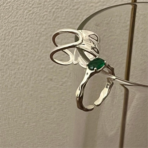 Anillo De Plata De Ley 925 Piedra Preciosa Verde Óvalo Textura Líquida Irregular Ajustable Estilo Coreano Joyería Mujer