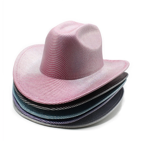 Cowboy Hat Western Style Metallic Glitter Shiny Striped Wide Brim Party Costume Performance Unisex