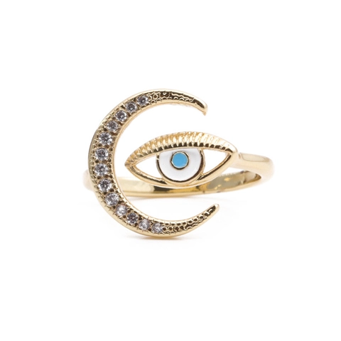 Bague Mauvais Œil Lune Cuivre Micro Incrusté Zircon Huile Goutte Mode Bohème Ouverte Réglable Bijoux De Doigt Pour Femme