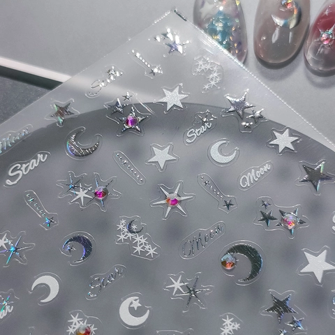 5D Stereoscopic Star Moon Nail Art Stickers Holographic Metal Manicure Decals Adhesive Decorative Supplies