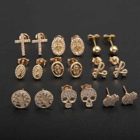 18K Gold Plated Religious Copper Stud Earrings With 925 Sterling Silver Post Zirconia Cross Virgin Mary Skull Jewelry