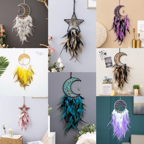 Tree Of Life Dream Catcher Natural Stone Feather Moon Star Handmade Wall Hanging Bohemian Decor Ornament
