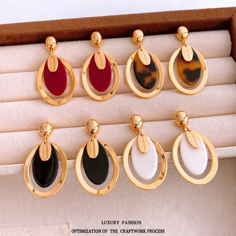 Retro Geometric Oval Drop Earrings Resin Copper Real Gold Plated With 925 Sterling Silver Earring Post For Women