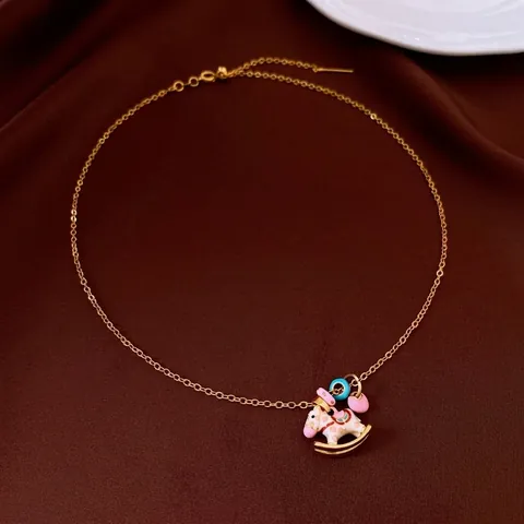 Collier Pendentif Cheval À Bascule Émail Coloré Cuivre Chaîne De Clavicule Bijoux Style Dessin Animé Pour Femmes