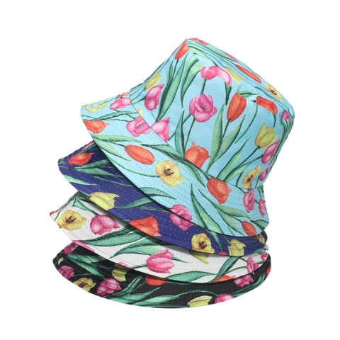 Bucket Hat Polyester Sun Protection Summer Outdoor Pastoral Tulip Cartoon Fashion For Women