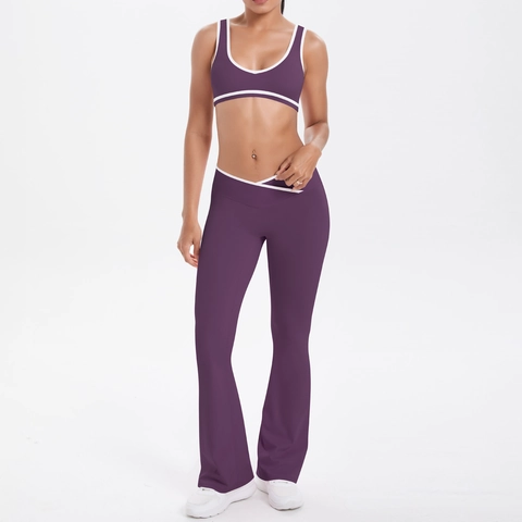 Tenue De Yoga Pour Femmes Brassière De Sport À Bordure Contrastée Et Legging Évasé À Taille Croisée Nylon Élasthanne