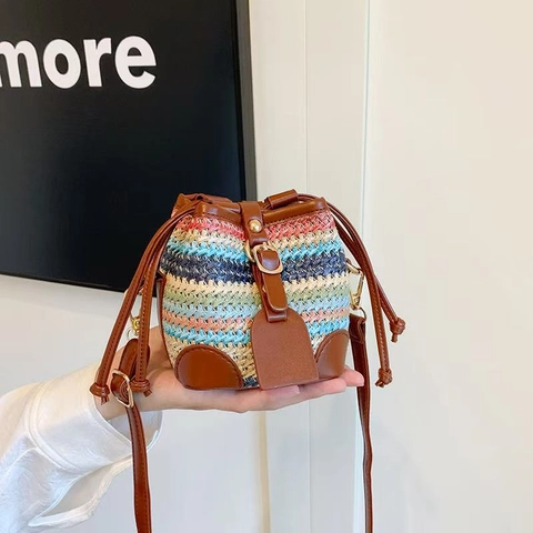 Παιδική Μίνι Τσάντα Bucket Denim PU Δέρμα Καμβάς Υφαντό Καρό Κορδόνι Τσάντα Ώμου Μόδα Casual Για Κορίτσια