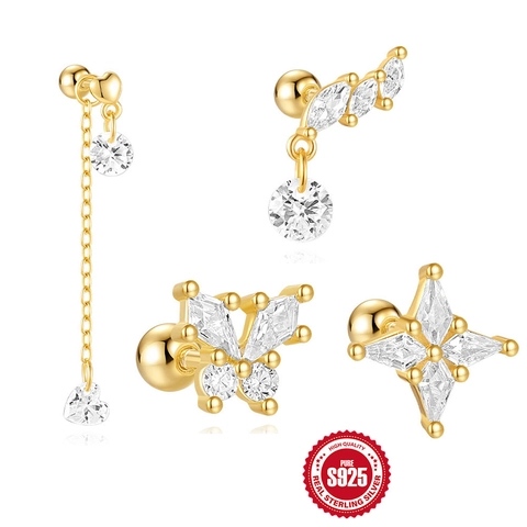 925 Sterling Silver Zirconia Heart Butterfly Star Stud Earrings Gold Plated Helix Cartilage Piercing Jewelry For Women