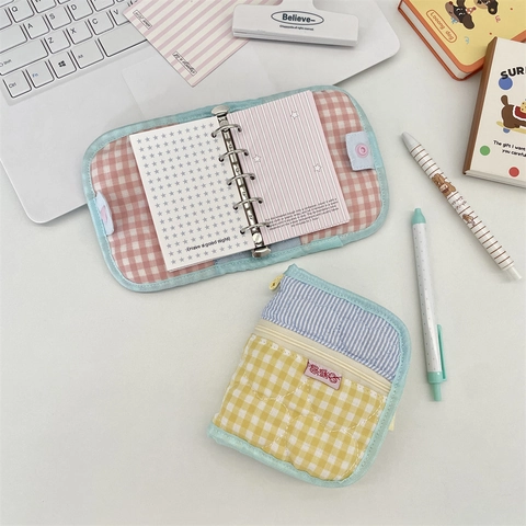 Copertina Per Quaderno Ad Anelli In Tessuto Trapuntato Quadretti Macaron Motivo A Cuore Organizzatore Diario Stile Coreano