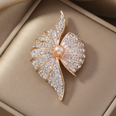 Broche de Concha Champaña Francés Vintage Con Diamantes de Imitación y Perla Artificial para Mujer Abrigo Traje Pin