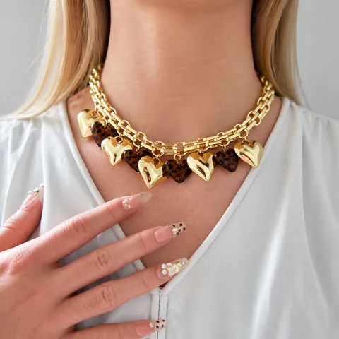 Übertriebene Hip Hop Grobe Gliederkette Mit Herz Anhänger Kupfer Vergoldet Acryl Leopardenmuster Damen Schmuck