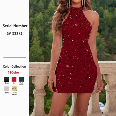 Vestito Mini Con Paillettes Allacciato Al Collo Schiena Scoperta Velluto Aderente Party Cocktail Senza Maniche