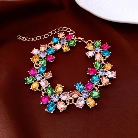 Vintage Floral Necklace Bracelet Earrings Alloy Gold Plated Multicolor Rhinestone With Silver Earring Post Elegant Women