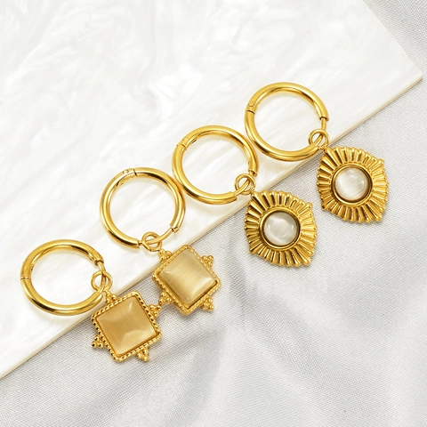 Stainless Steel Drop Earrings 18K Gold Plated With Turquoise Opal Rhinestone Retro Geometric Sunburst Jewelry For Women