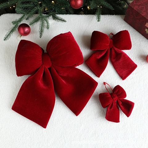 Red Velvet Christmas Bow Ornament For Tree Decoration Large Dimensional Holiday Hanging Knot Home Decor
