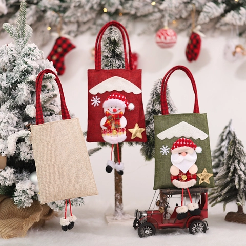 Borsa Regalo in Lino a Tema Natalizio Con Gambe Penzolanti 3D Babbo Natale Pupazzo di Neve Alce Manico a Scacchi Luce LED
