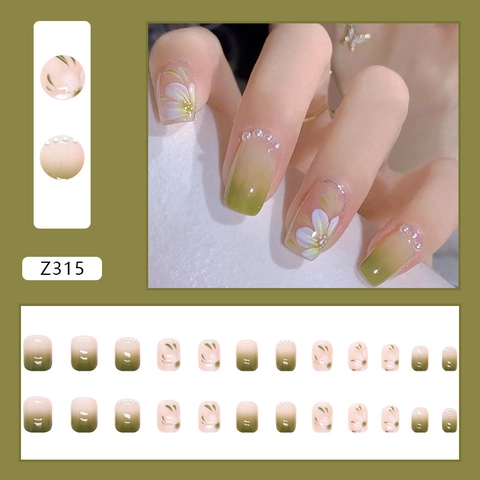 Press On Nails Abs Green Pink Gradient Hand Painted Camellia Flowers Mini Artificial Pearls Square Shape Nails For Women Manicure