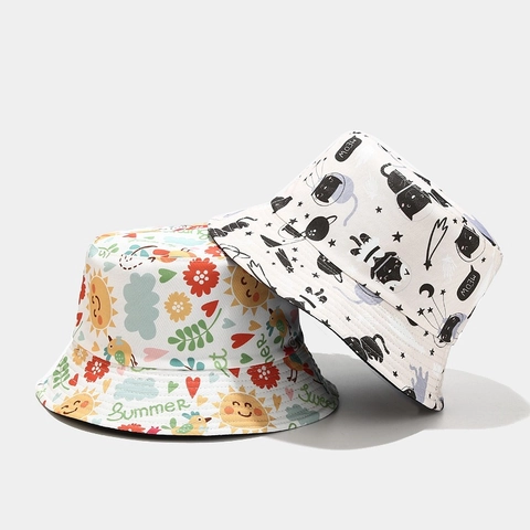 Cartoon Print Bucket Hat Reversible Sun Protection Polyester Fisherman Cap Summer Outdoor Travel Lightweight