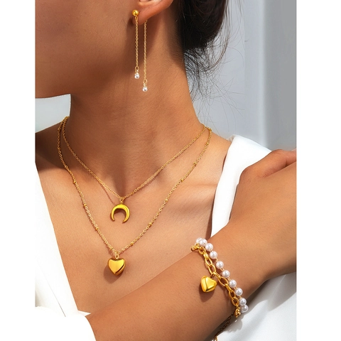 Ensemble de Bijoux en Acier Inoxydable pour Femme Pendentif Lune Coeur Perle Artificielle Collier Bracelet Boucles d'Oreilles à Franges Or Argent