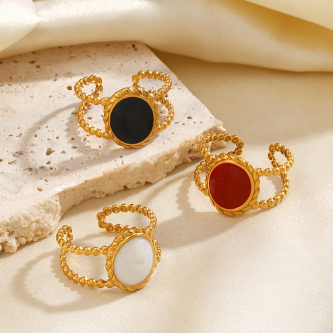 Retro Ovaler Emaille Ring 18K Vergoldeter Edelstahl Geometrisch Strukturierter Modeschmuck Für Damen