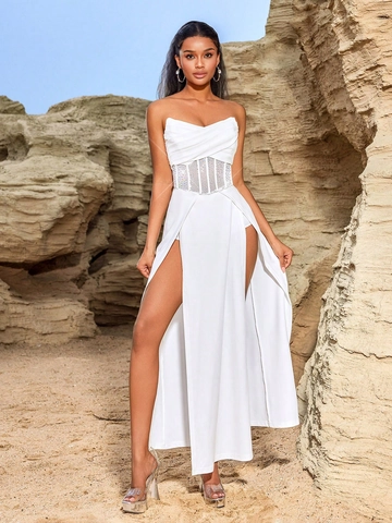 Vestito Maxi Senza Spalline Strass Corsetto Mesh Spacco Alto Schiena Scoperta Sexy Elegante Serata Donne Bianco Poliestere