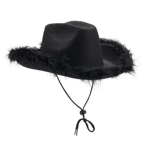 Chapeau de Cow-boy Occidental Avec Bordure en Plumes de Fourrure pour Femmes Filles Anniversaire Fête Costume Rose Blanc Noir